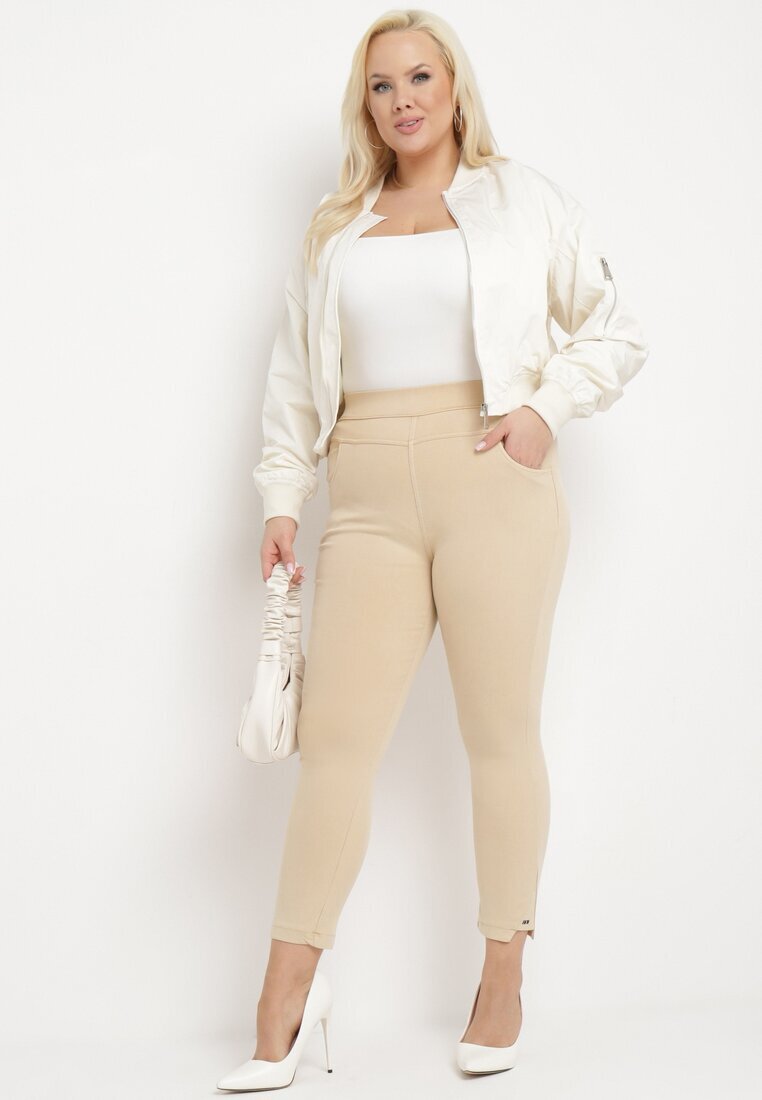 queene Pantaloni bej cu talie înaltă lungime 7/8 cu zirconii Aineth