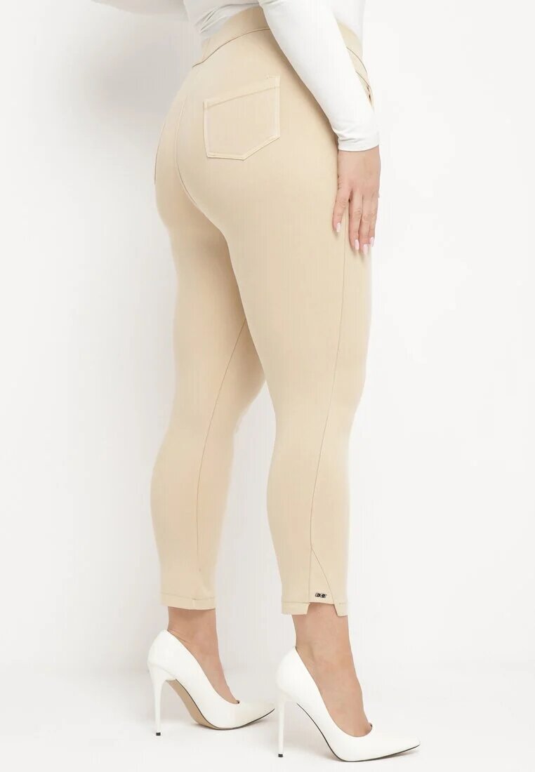 queene Pantaloni bej cu talie înaltă lungime 7/8 cu zirconii Aineth