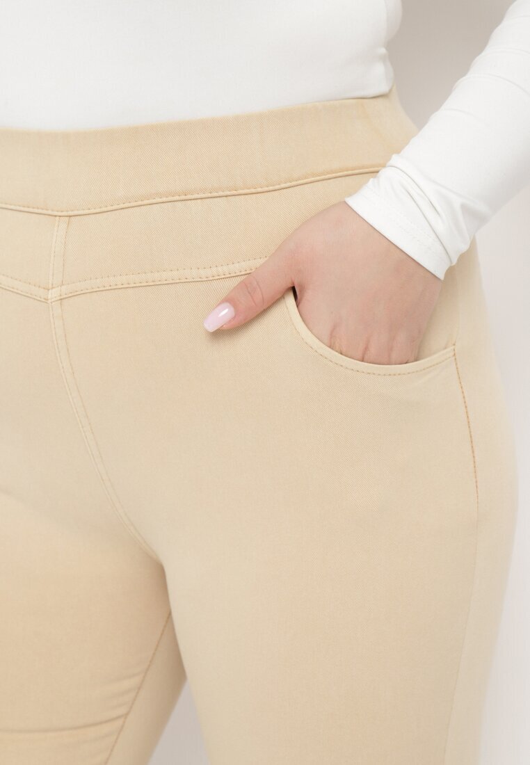 queene Pantaloni bej cu talie înaltă lungime 7/8 cu zirconii Aineth