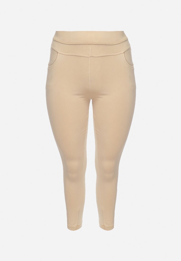 queene Pantaloni bej cu talie înaltă lungime 7/8 cu zirconii Aineth