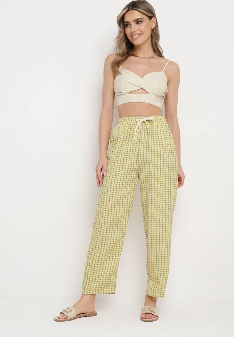 queene Pantaloni Galbeni cu Imprimeu Geometric cu Talie Înaltă Lolla