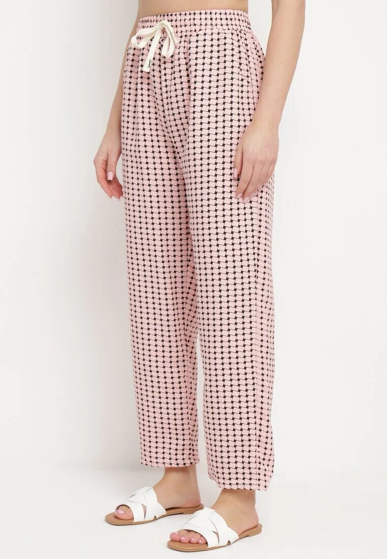 queene Pantaloni Roz-Negru cu Print Geometric cu Talie Înaltă Lolla