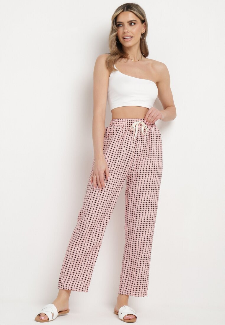 queene Pantaloni Roz-Negru cu Print Geometric cu Talie Înaltă Lolla