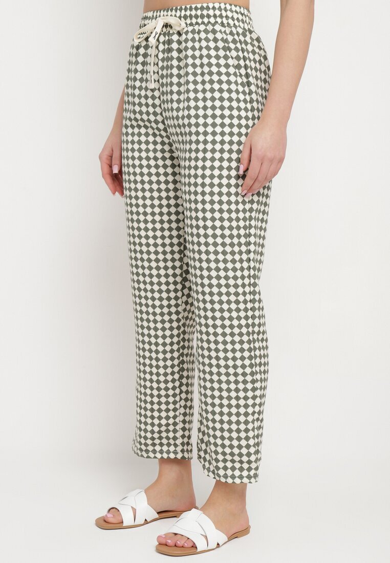 queene Pantaloni Verde-Albi cu talie înaltă și elastic în talie Korolla