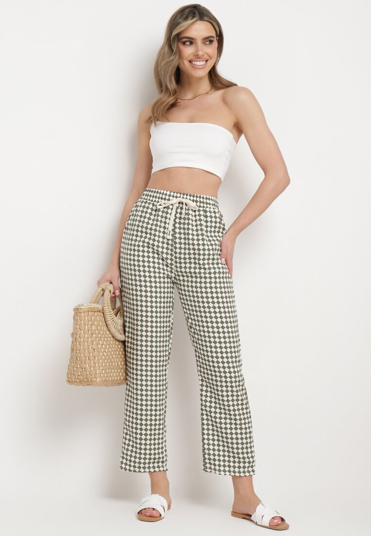 queene Pantaloni Verde-Albi cu talie înaltă și elastic în talie Korolla