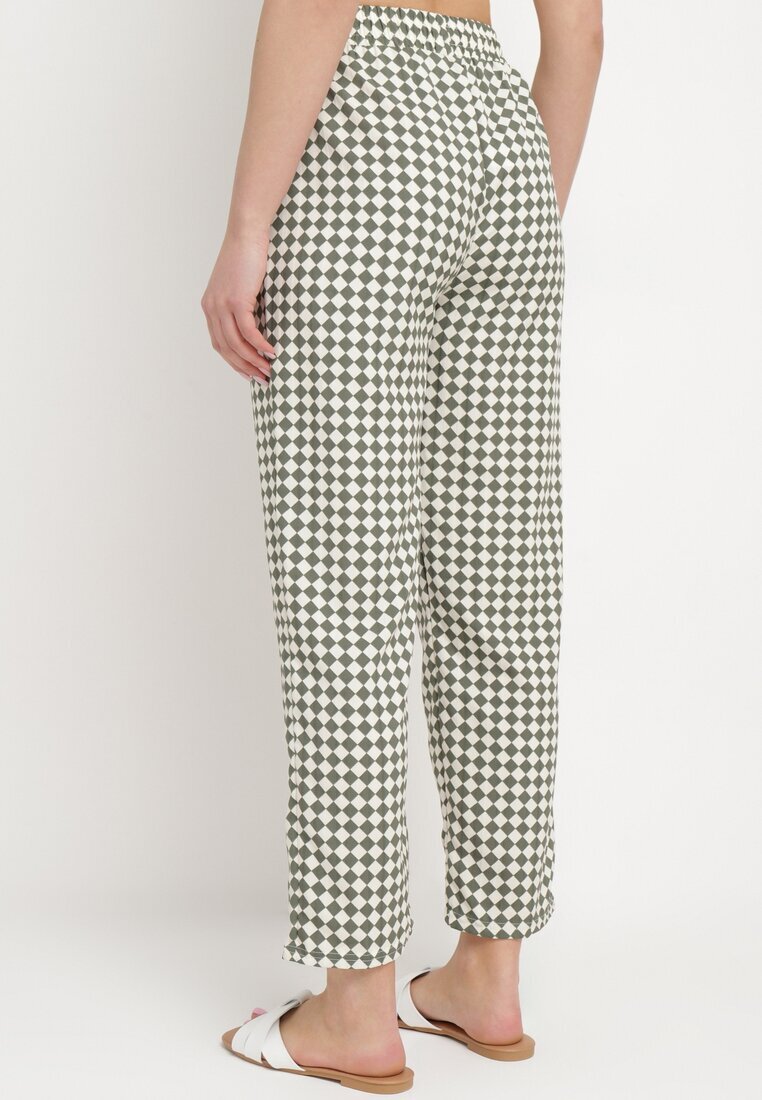queene Pantaloni Verde-Albi cu talie înaltă și elastic în talie Korolla