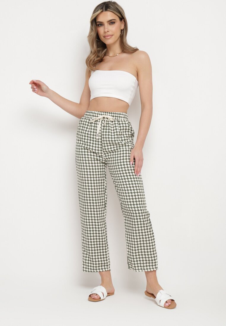 queene Pantaloni Verde-Albi cu talie înaltă și elastic în talie Korolla