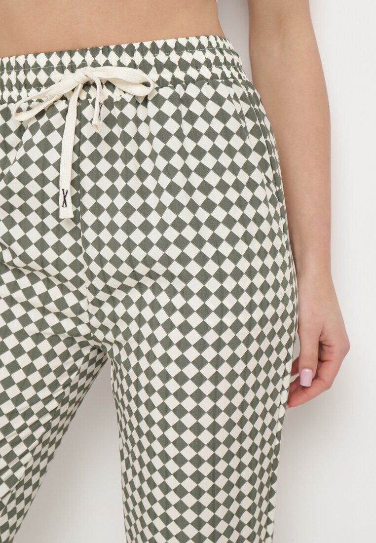 queene Pantaloni Verde-Albi cu talie înaltă și elastic în talie Korolla