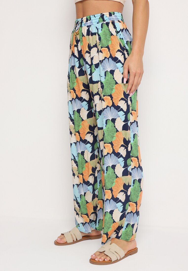 r&f fashion Pantaloni bleumarin florali din viscoză cu croială largă cu talie înaltă și elastic în talie Cenonea