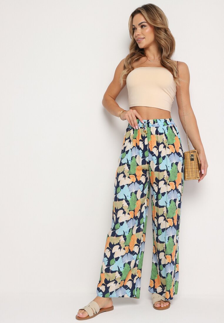 r&f fashion Pantaloni bleumarin florali din viscoză cu croială largă cu talie înaltă și elastic în talie Cenonea