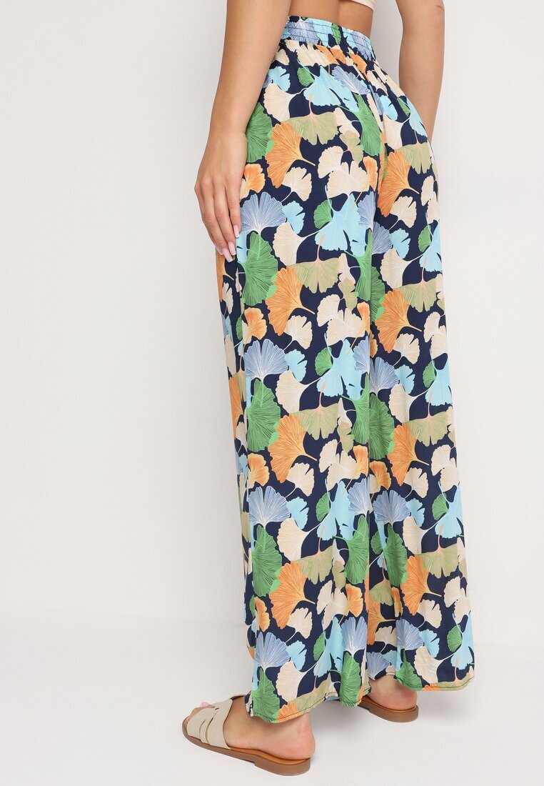 r&f fashion Pantaloni bleumarin florali din viscoză cu croială largă cu talie înaltă și elastic în talie Cenonea