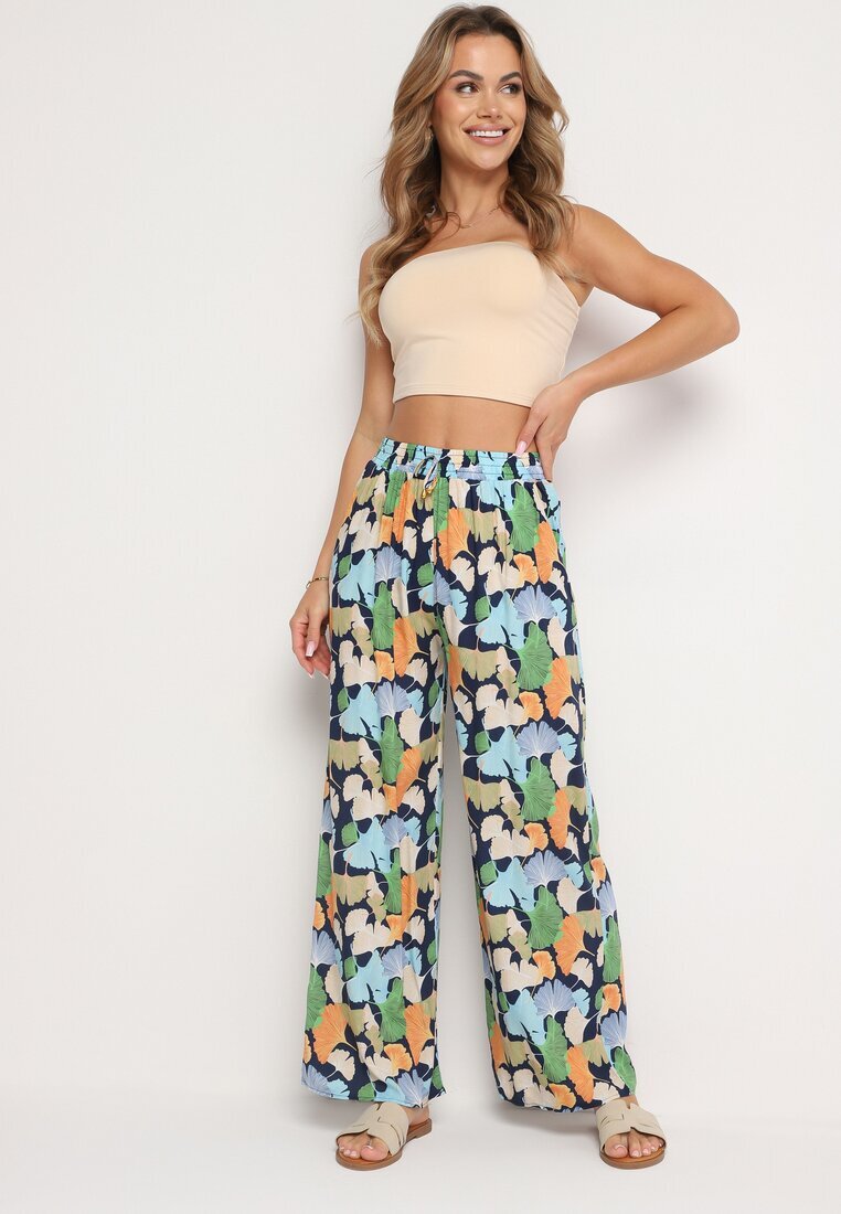 r&f fashion Pantaloni bleumarin florali din viscoză cu croială largă cu talie înaltă și elastic în talie Cenonea