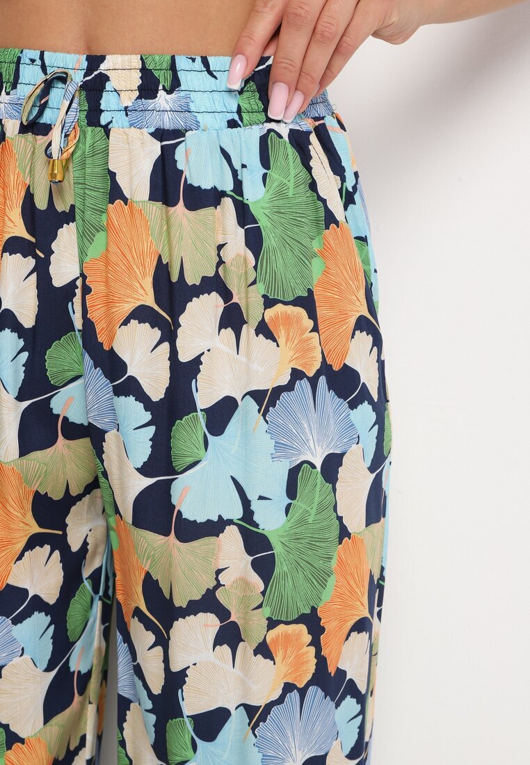 r&f fashion Pantaloni bleumarin florali din viscoză cu croială largă cu talie înaltă și elastic în talie Cenonea