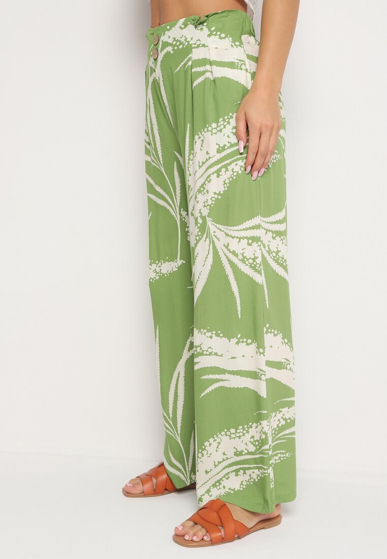 r&f fashion Pantaloni Culotte din viscoză verde deschis cu talie înaltă și elastic în talie decorați cu frunze Vimarissa