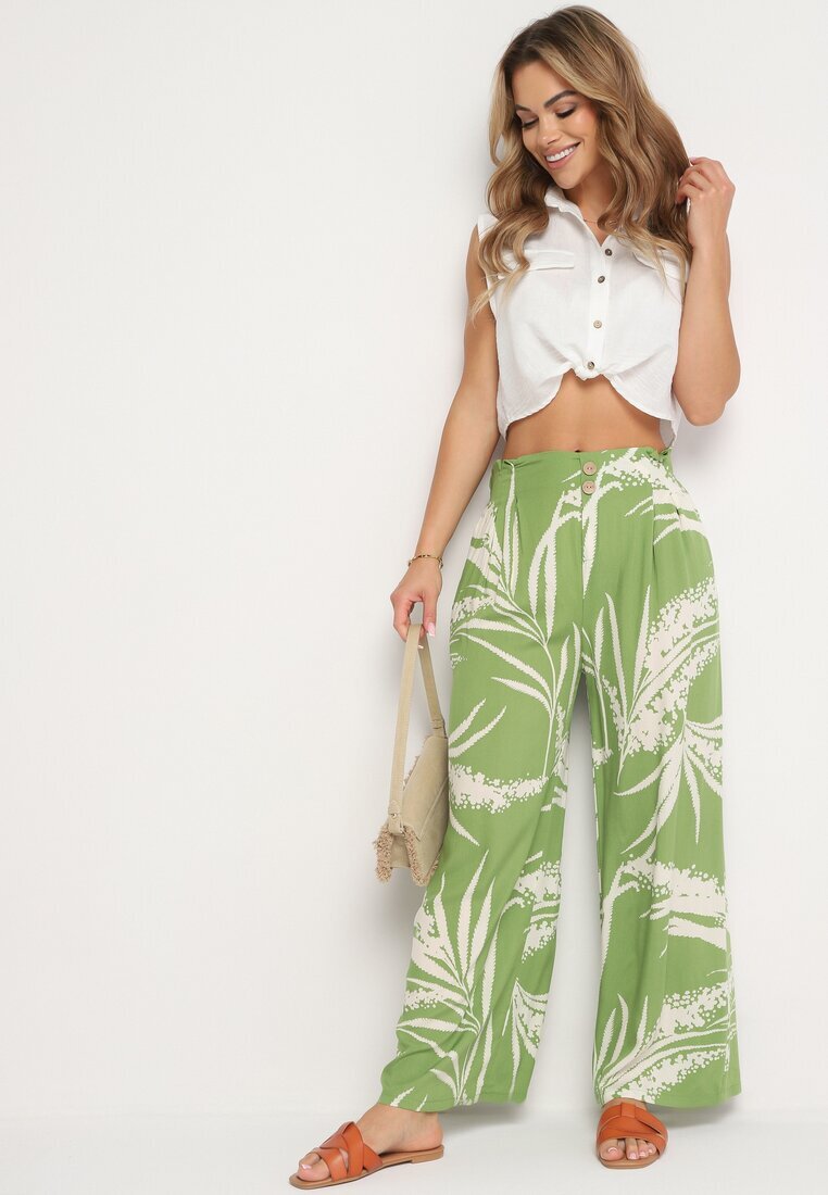 r&f fashion Pantaloni Culotte din viscoză verde deschis cu talie înaltă și elastic în talie decorați cu frunze Vimarissa