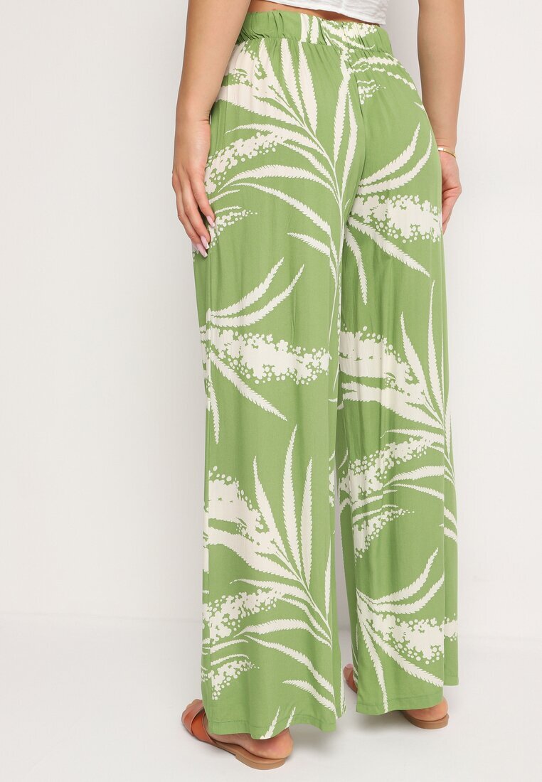 r&f fashion Pantaloni Culotte din viscoză verde deschis cu talie înaltă și elastic în talie decorați cu frunze Vimarissa