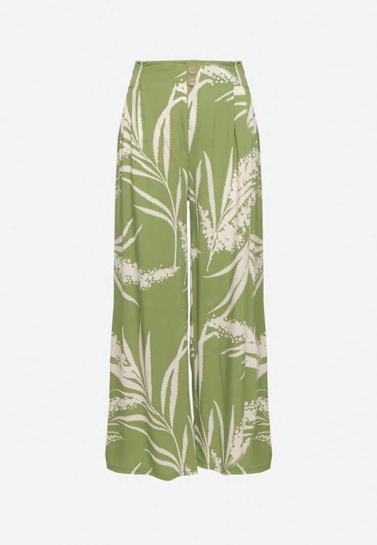 r&f fashion Pantaloni Culotte din viscoză verde deschis cu talie înaltă și elastic în talie decorați cu frunze Vimarissa
