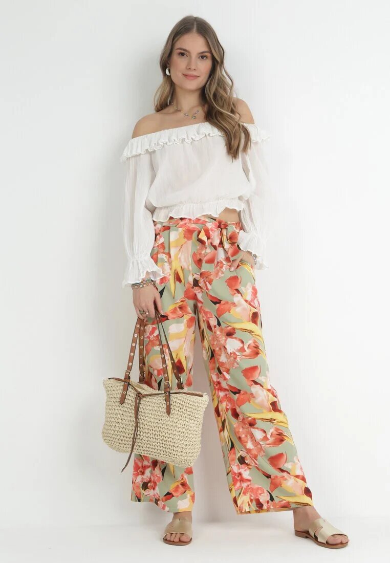 r&f fashion Pantaloni Largi Mentă-Roșii cu Imprimeu Floral Hamara