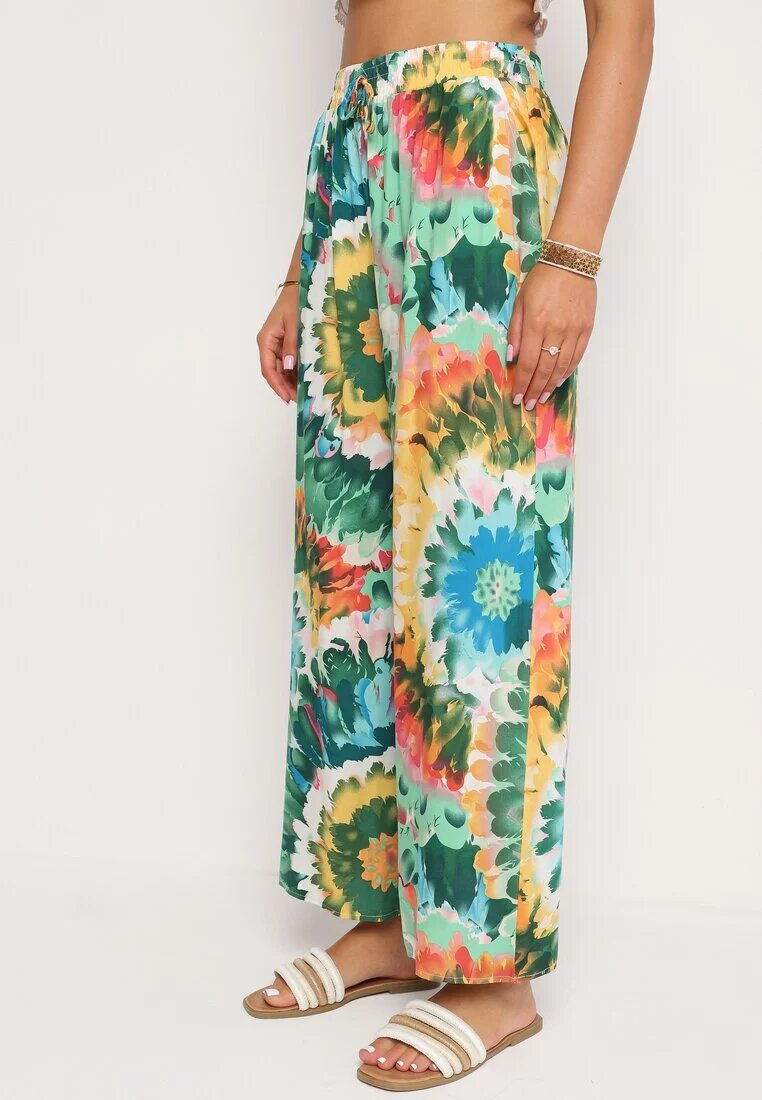 r&f fashion Pantaloni Largi Verde-Albastru din Viscoză și Talie Înaltă cu Model Tie-Dye și Elastic în Talie Halflea