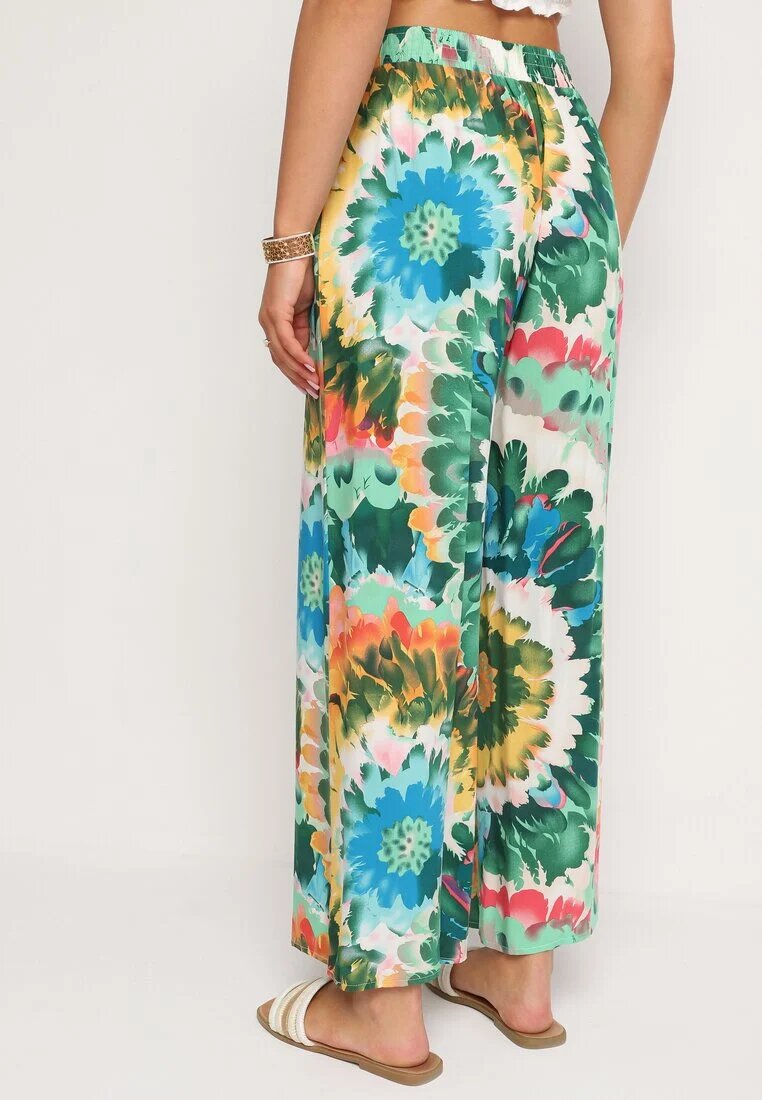 r&f fashion Pantaloni Largi Verde-Albastru din Viscoză și Talie Înaltă cu Model Tie-Dye și Elastic în Talie Halflea