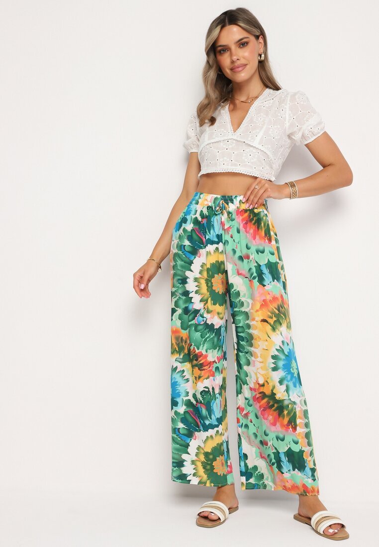 r&f fashion Pantaloni Largi Verde-Albastru din Viscoză și Talie Înaltă cu Model Tie-Dye și Elastic în Talie Halflea