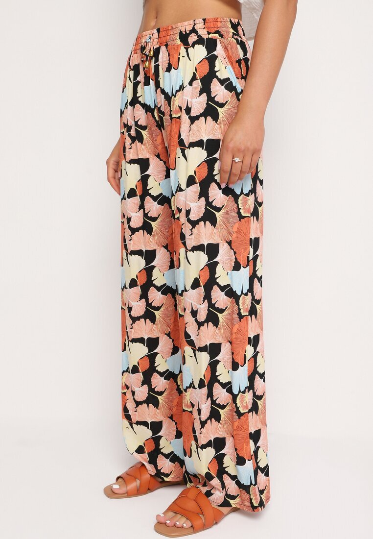 r&f fashion Pantaloni Portocaliu-Negru Floral Viscoză cu Croi Larg cu Talie Înaltă și Elastic în Talie Cenonea