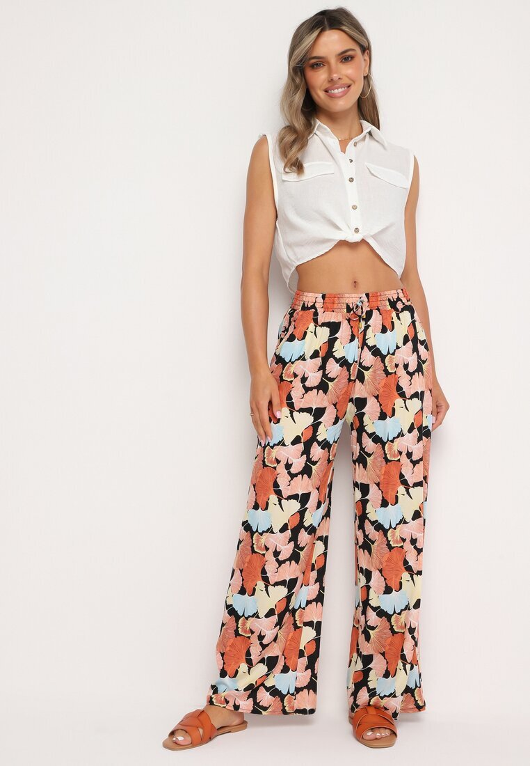 r&f fashion Pantaloni Portocaliu-Negru Floral Viscoză cu Croi Larg cu Talie Înaltă și Elastic în Talie Cenonea