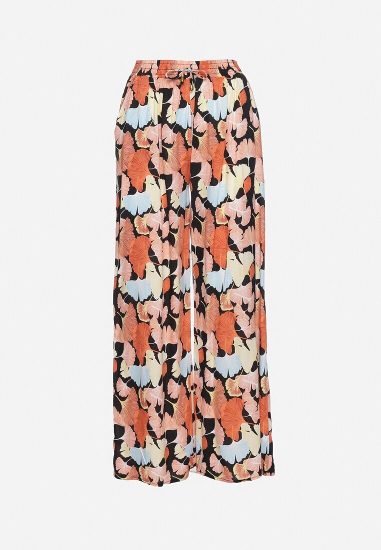 r&f fashion Pantaloni Portocaliu-Negru Floral Viscoză cu Croi Larg cu Talie Înaltă și Elastic în Talie Cenonea