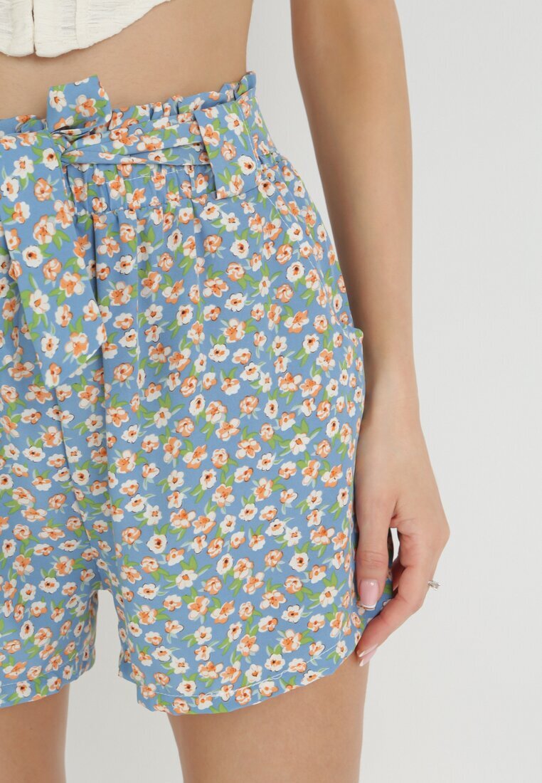 r&f fashion Pantaloni scurți albastri cu legătură și elastic în talie cu flori Wenila
