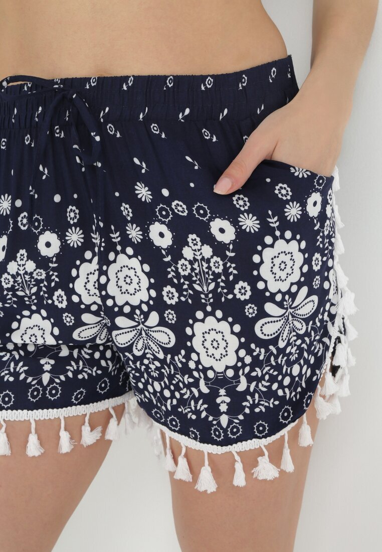 r&f fashion Pantaloni scurți bleumarin de bumbac cu flori cu franjuri și elastic în talie Elizbeth
