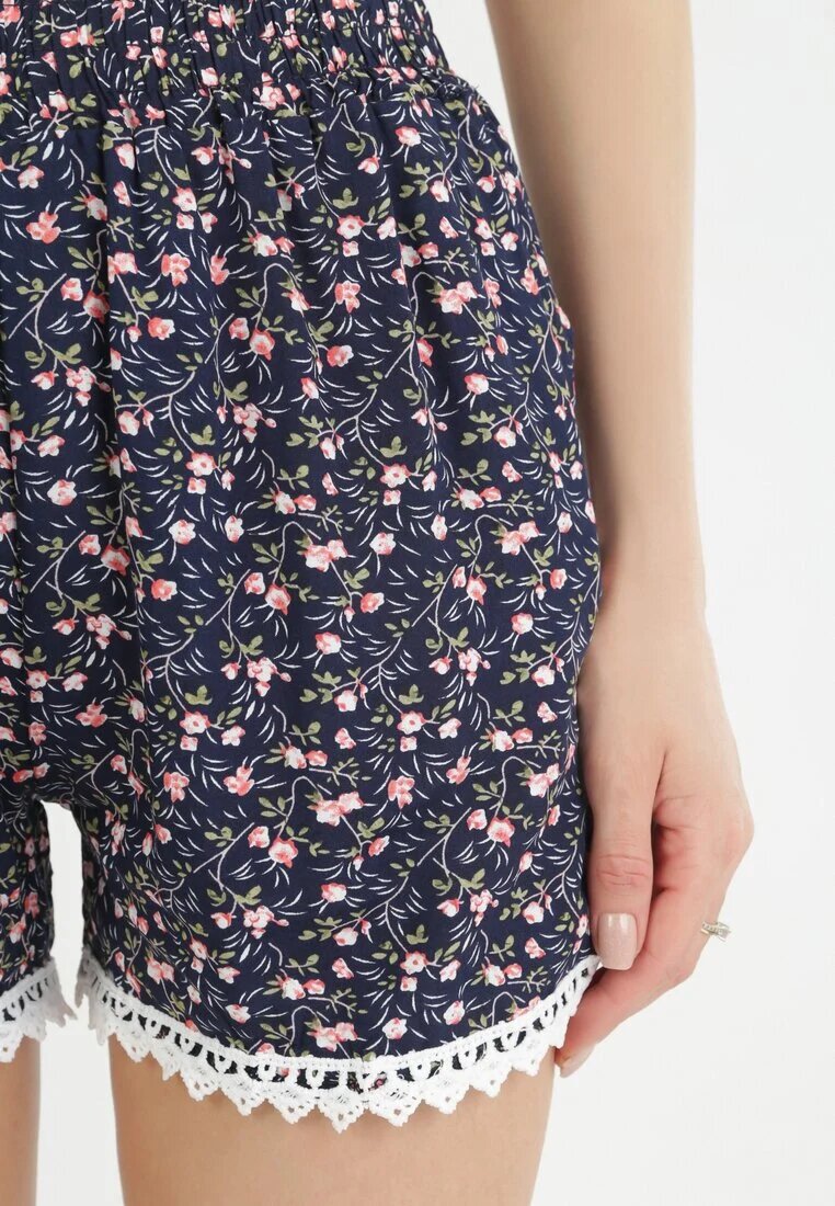 r&f fashion Pantaloni scurți Bleumarin din Vâscoză cu Flori cu Elastic în Talie și Inserție din Dantelă Davona