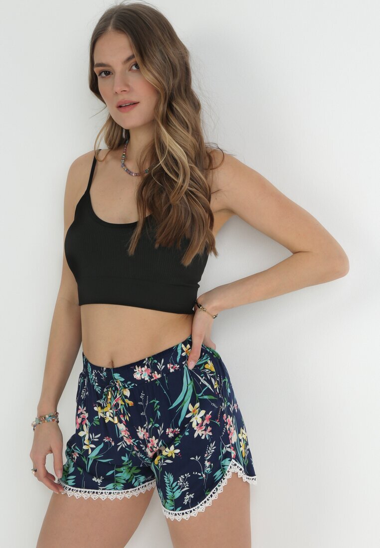 r&f fashion Pantaloni scurți bleumarin din Vâscoză cu Imprimeu Floral și Dantelă Decorativă Marlenne