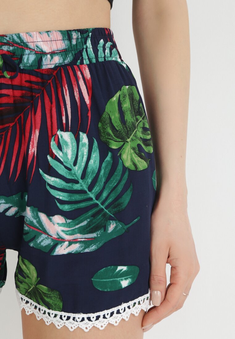 r&f fashion Pantaloni scurți Bleumarin din Viscoză cu Imprimeu Floral cu Elastic în Talie și Inserție din Dantelă Lamis