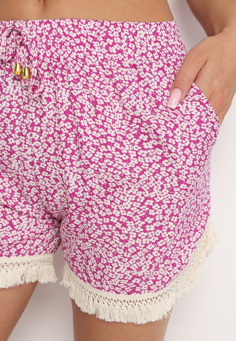 r&f fashion Pantaloni scurți Largi Mov din Viscoză cu Flori cu Elastic în Talie și Franjuri Vimaleia
