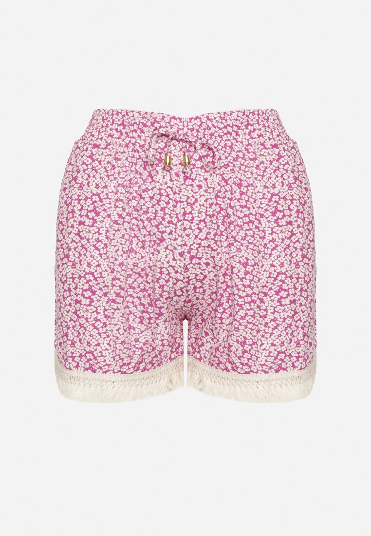 r&f fashion Pantaloni scurți Largi Mov din Viscoză cu Flori cu Elastic în Talie și Franjuri Vimaleia