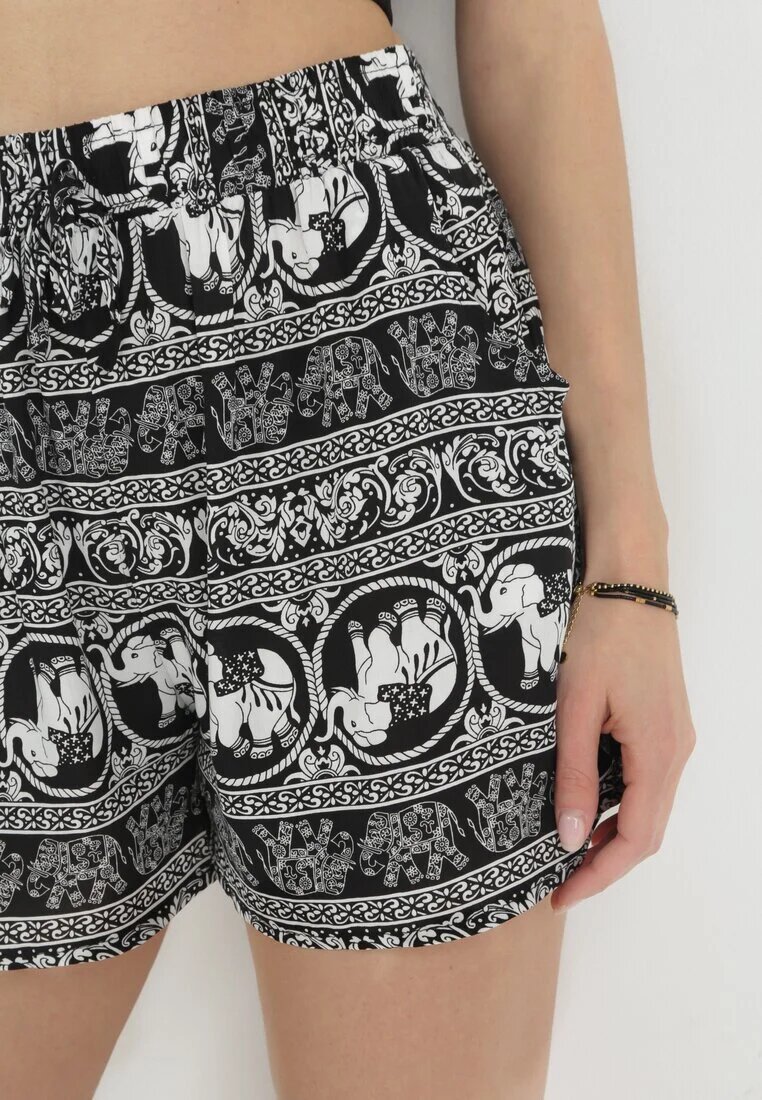 r&f fashion Pantaloni scurți negri din bumbac cu elastic în talie și imprimeu cu elefanți Dirika