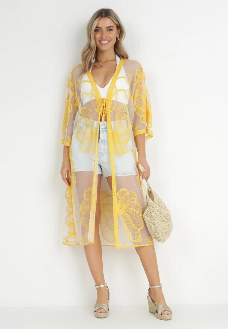 r&f fashion Pelerină Galbenă din Plasă Brodată cu Mâneci Largi Shwe