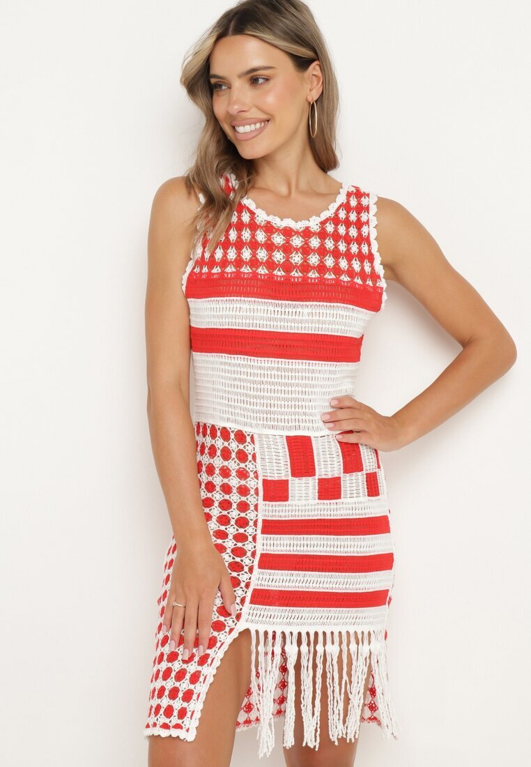 r&f fashion Rochie Alb-Roșu Mulată din Bumbac cu Finisaj Ajurat fără Mâneci Balmalia