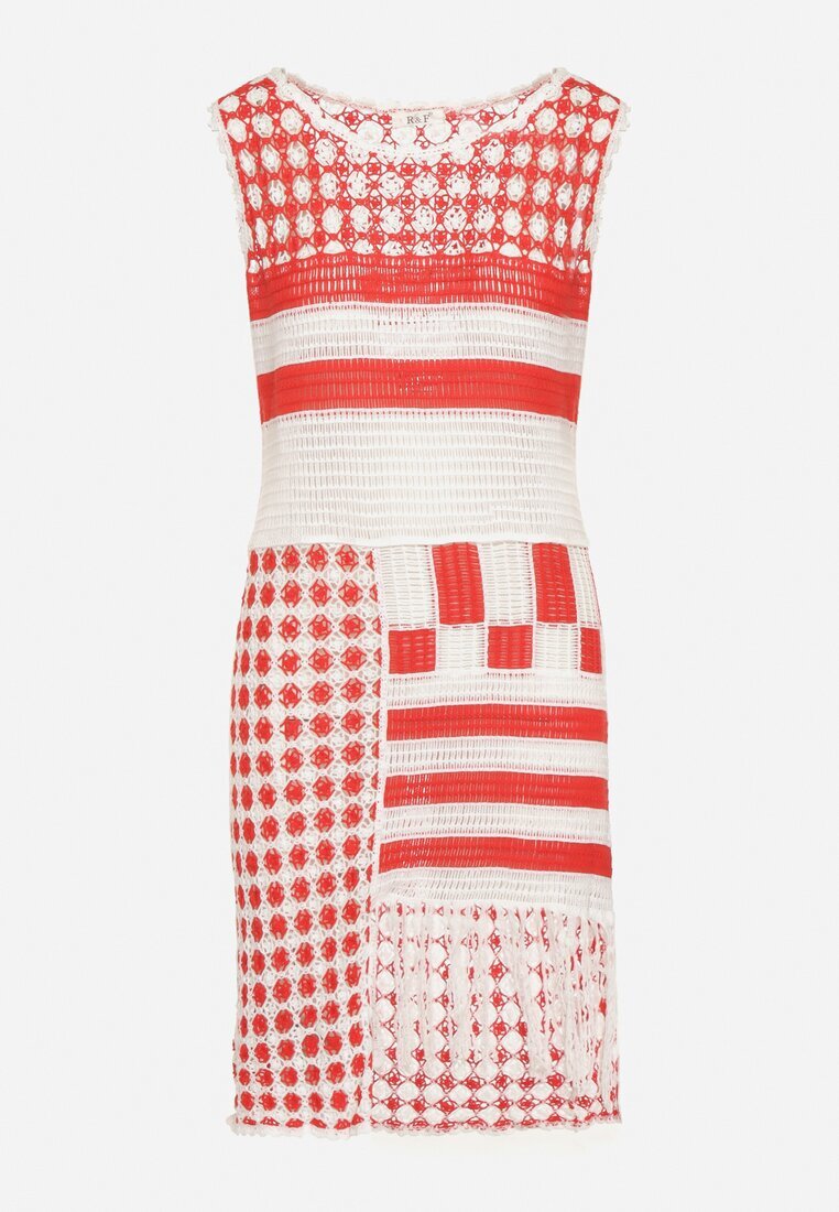r&f fashion Rochie Alb-Roșu Mulată din Bumbac cu Finisaj Ajurat fără Mâneci Balmalia