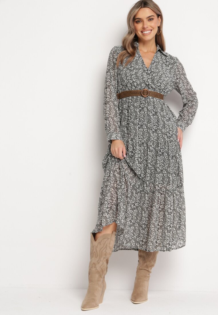 r&f fashion Rochie Albă-Neagră Cloș cu flori cu curea Khito