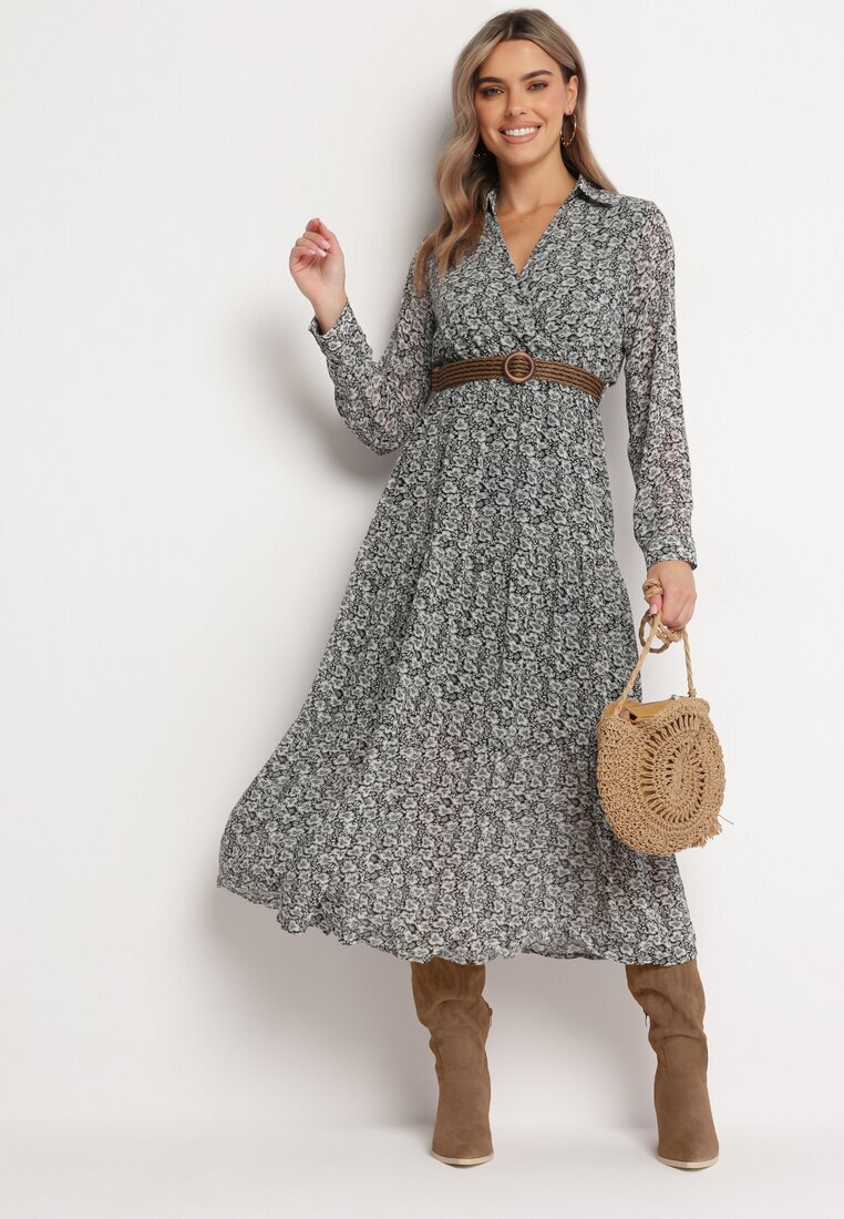 r&f fashion Rochie Albă-Neagră Cloș cu flori cu curea Khito