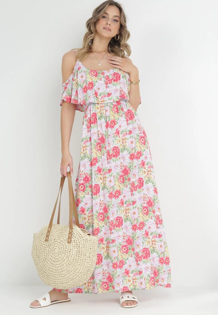 r&f fashion Rochie Albă-Roșie din Bumbac cu Flori cu Volane Janellie
