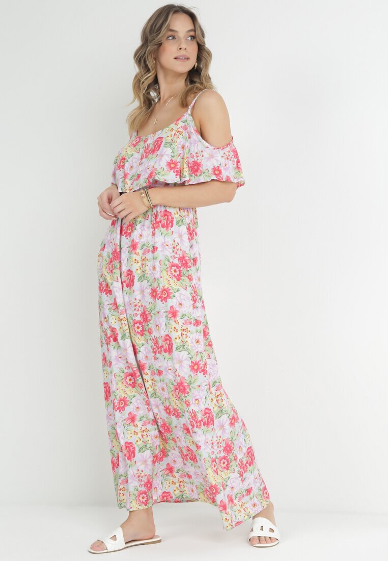 r&f fashion Rochie Albă-Roșie din Bumbac cu Flori cu Volane Janellie