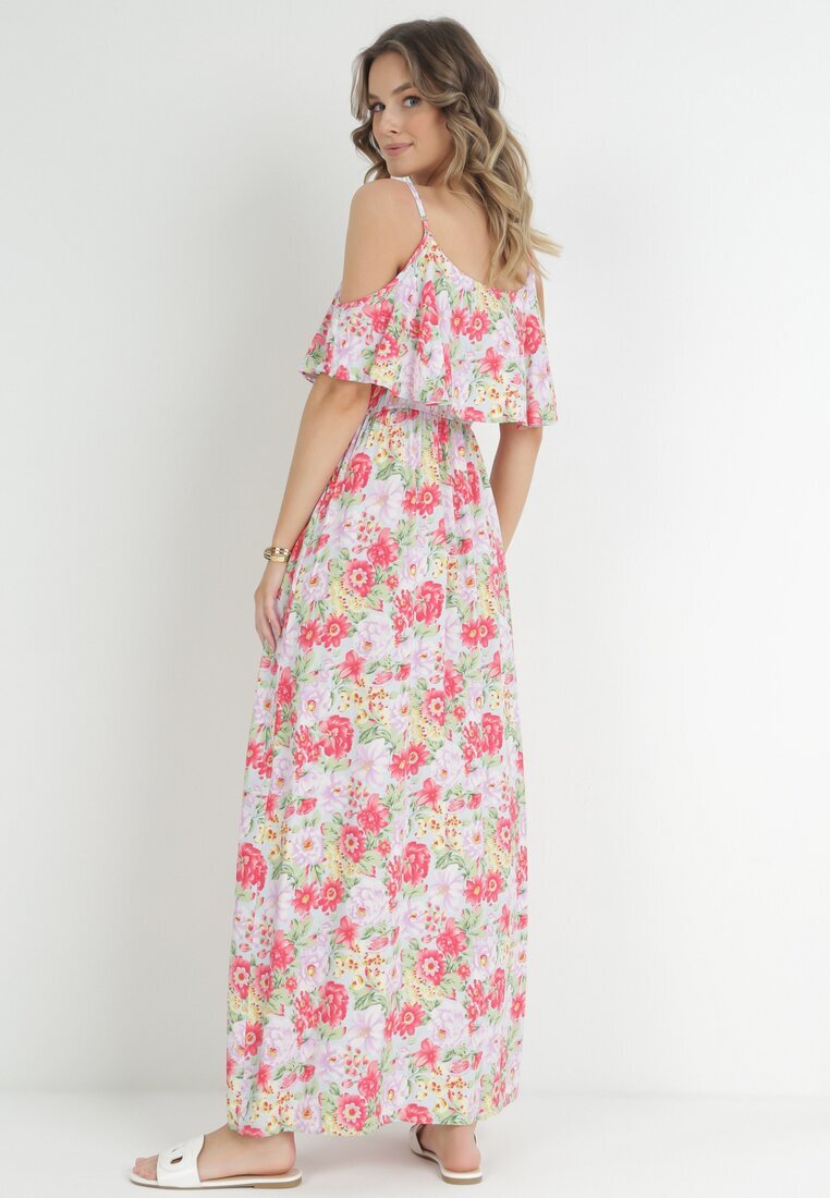 r&f fashion Rochie Albă-Roșie din Bumbac cu Flori cu Volane Janellie