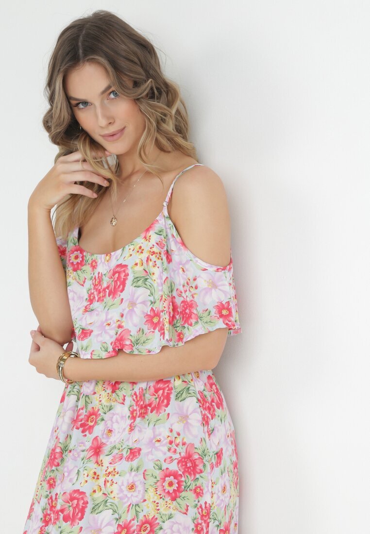 r&f fashion Rochie Albă-Roșie din Bumbac cu Flori cu Volane Janellie