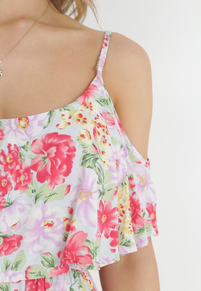 r&f fashion Rochie Albă-Roșie din Bumbac cu Flori cu Volane Janellie