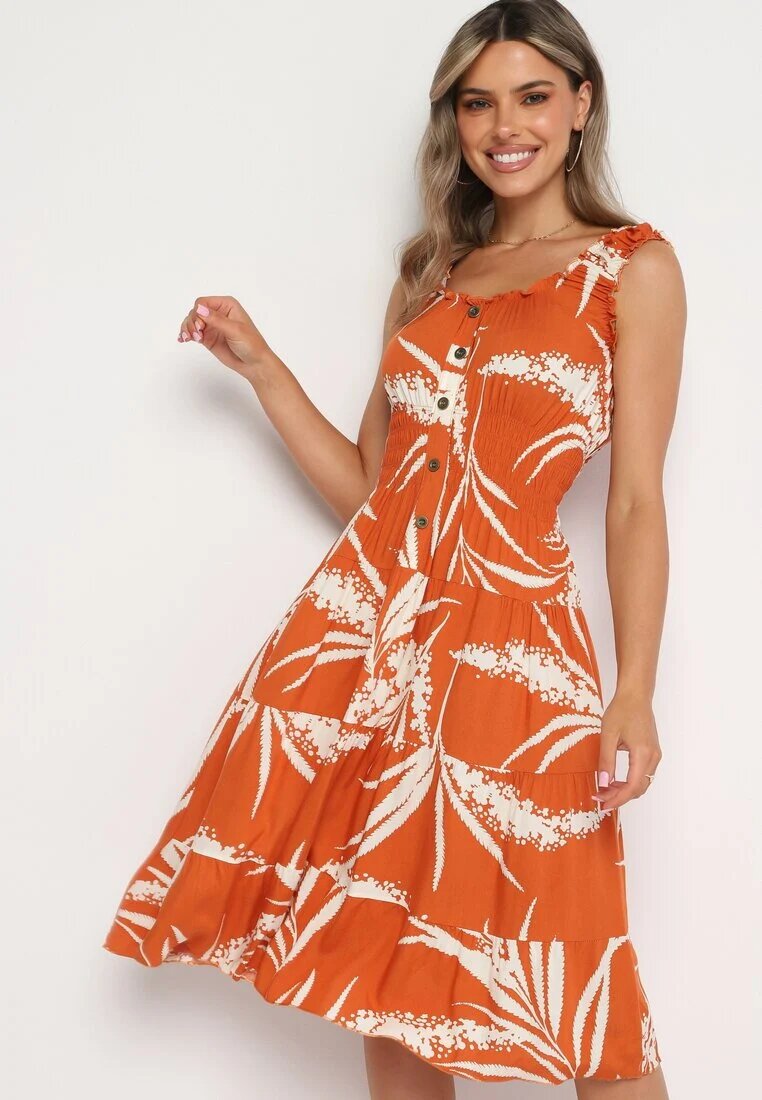 r&f fashion Rochie din viscoză portocalie cu bretele cu elastic în talie Oslifea