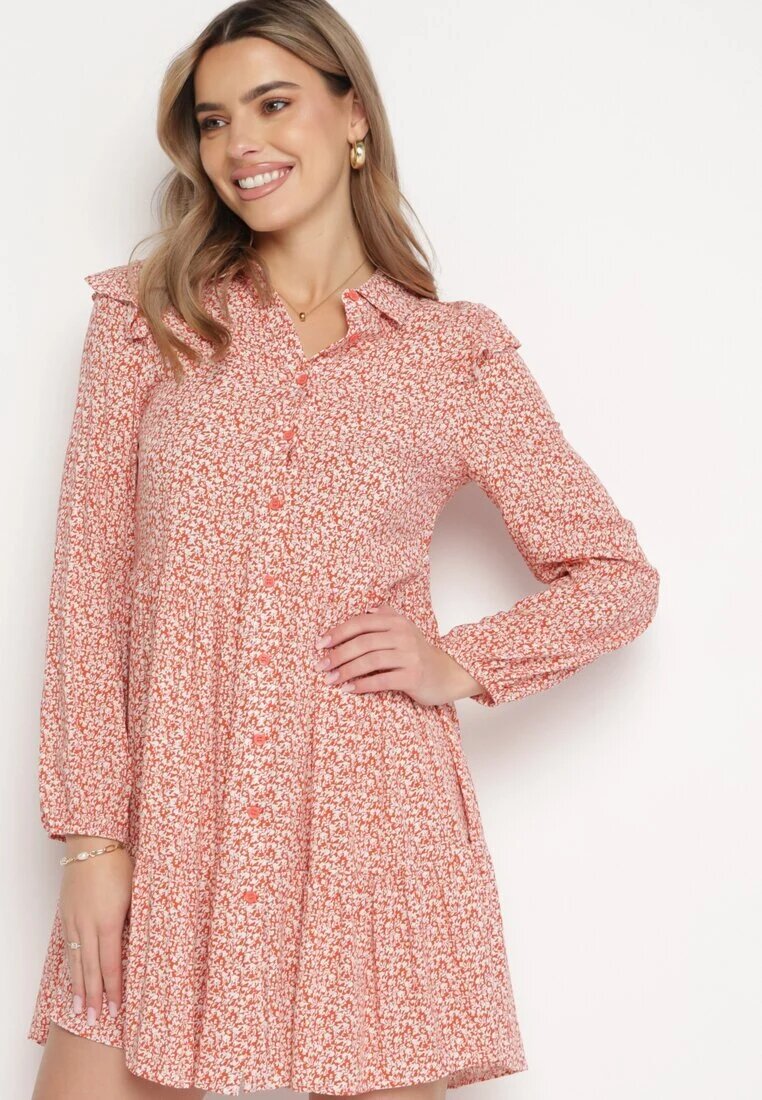 r&f fashion Rochie Evazată Mini Roz Florală Cu Volane Pe Umeri Lorean
