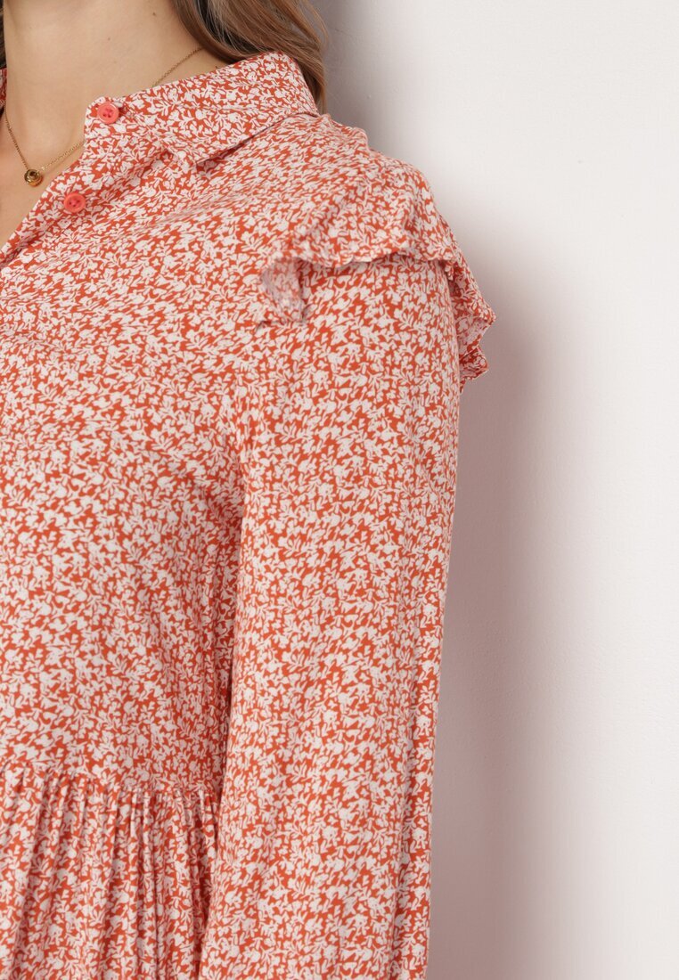 r&f fashion Rochie Evazată Mini Roz Florală Cu Volane Pe Umeri Lorean