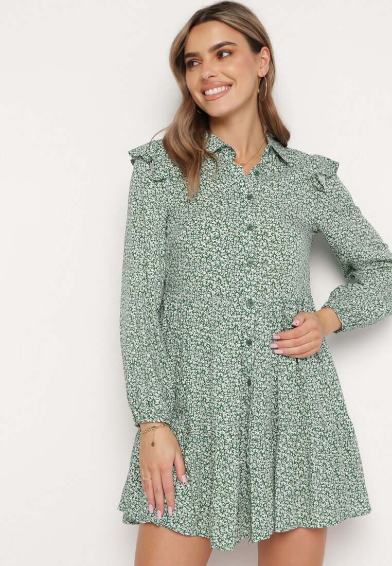 r&f fashion Rochie Evazată Mini Verde Florală cu Volănașe pe Umeri Lorean